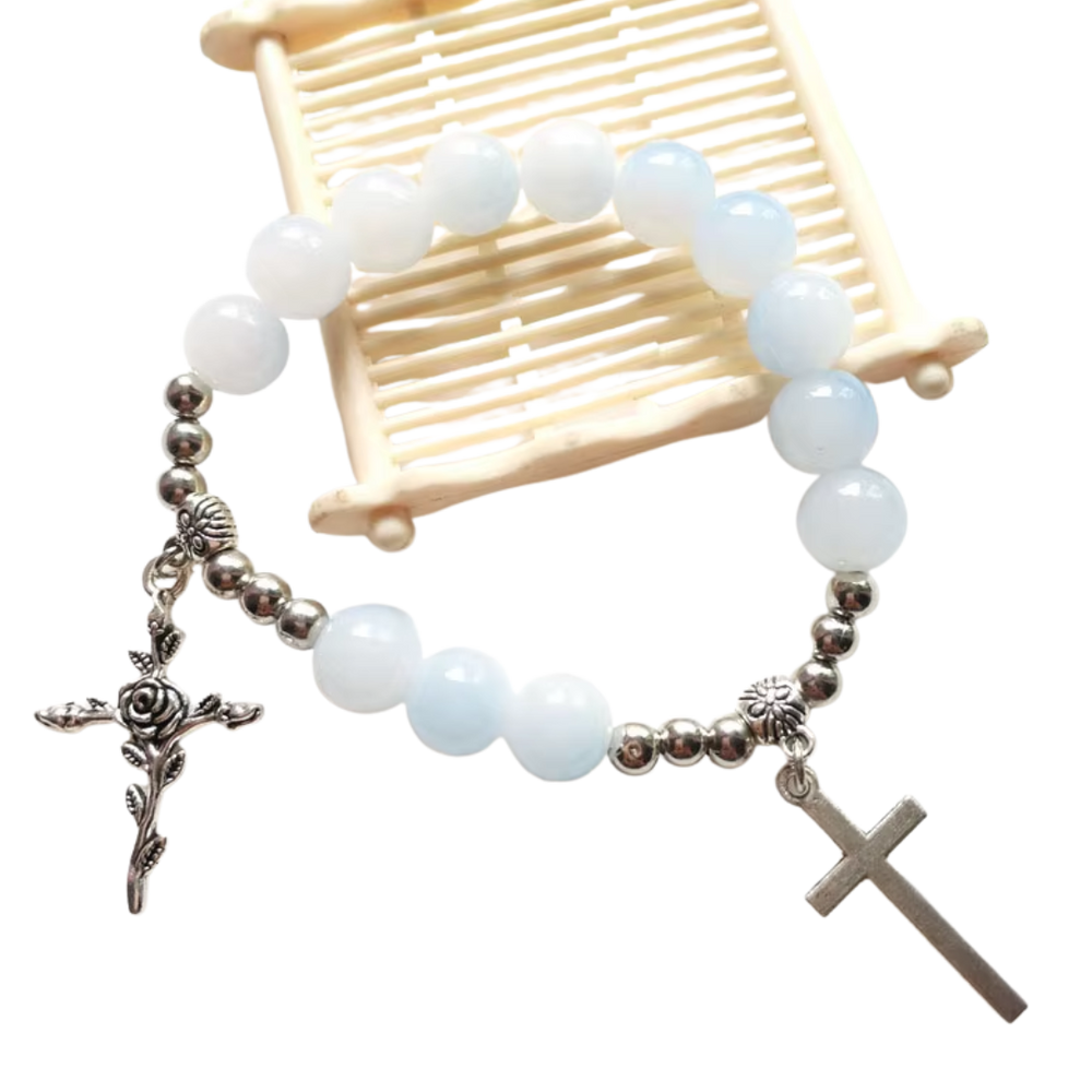 White Beaded Crucifix Rosary Bracelet