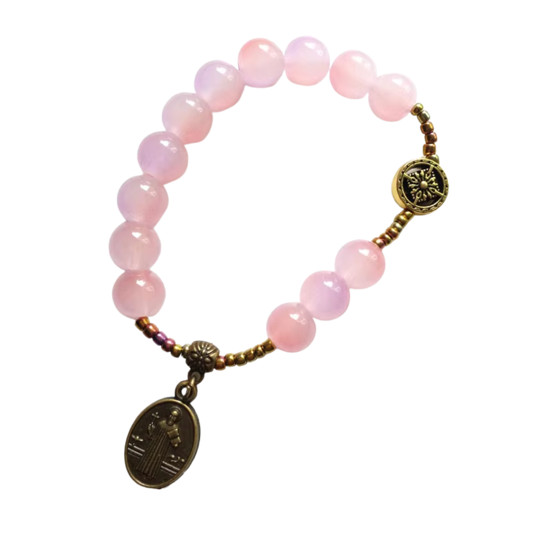 Pink Glass Beaded Saint Benedict Rosary Bracelet