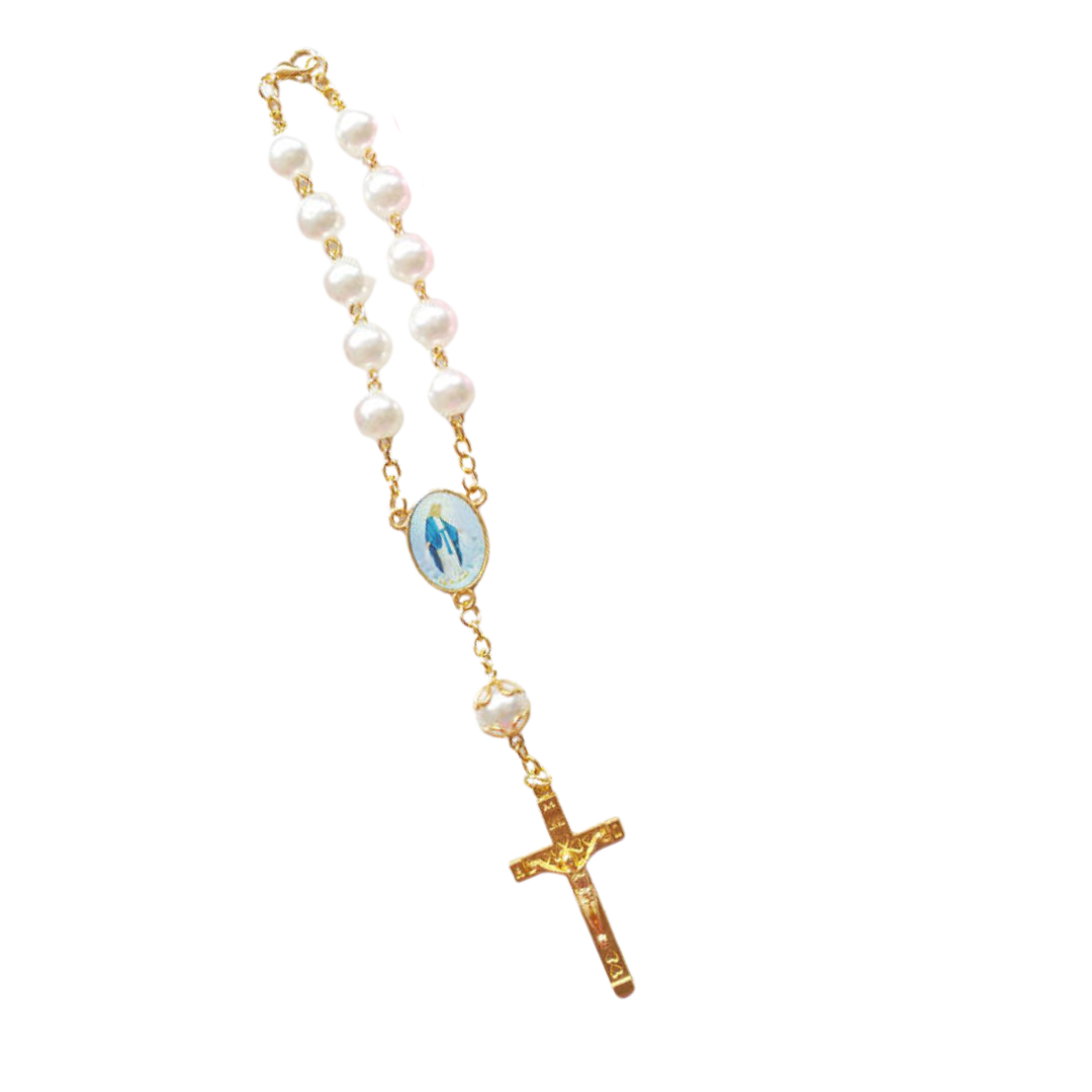 Gold-Plated Pearl Decade Rosary Bracelet with Devotional Medal - 8 Styles Available