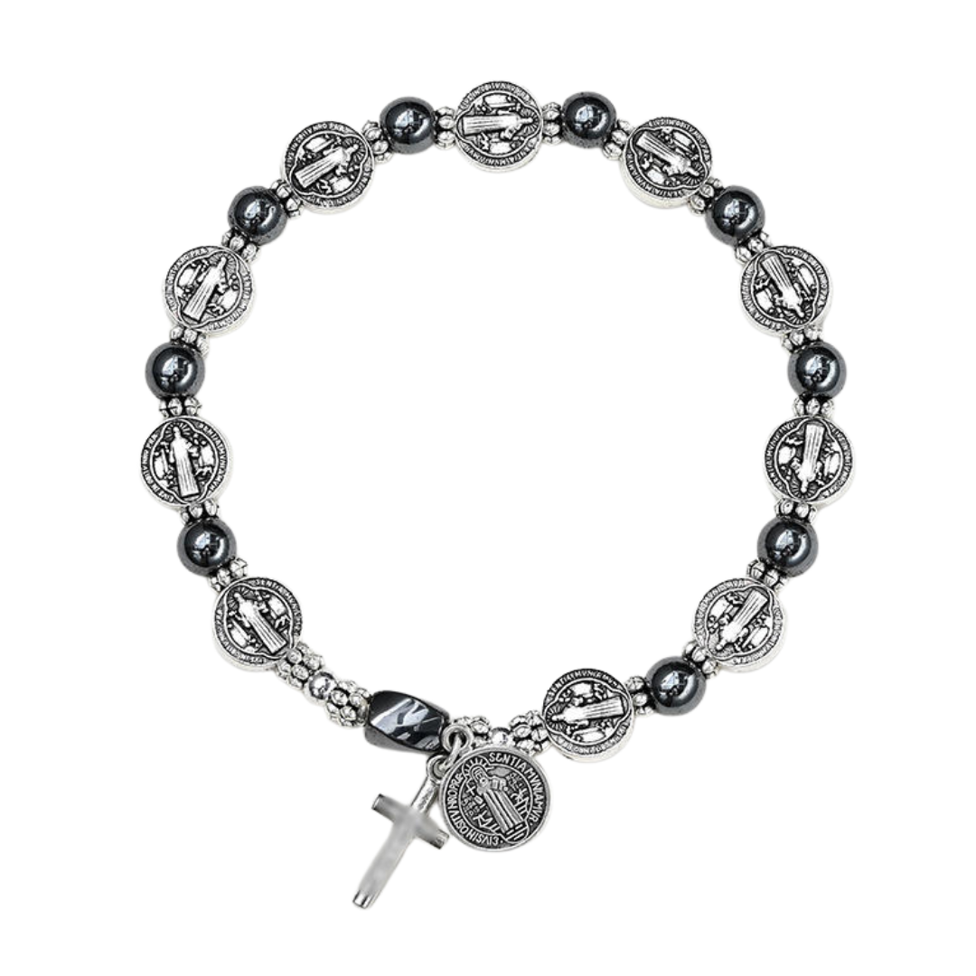 Saint Benedict Hematite Beaded Bracelet – Black (Elastic)