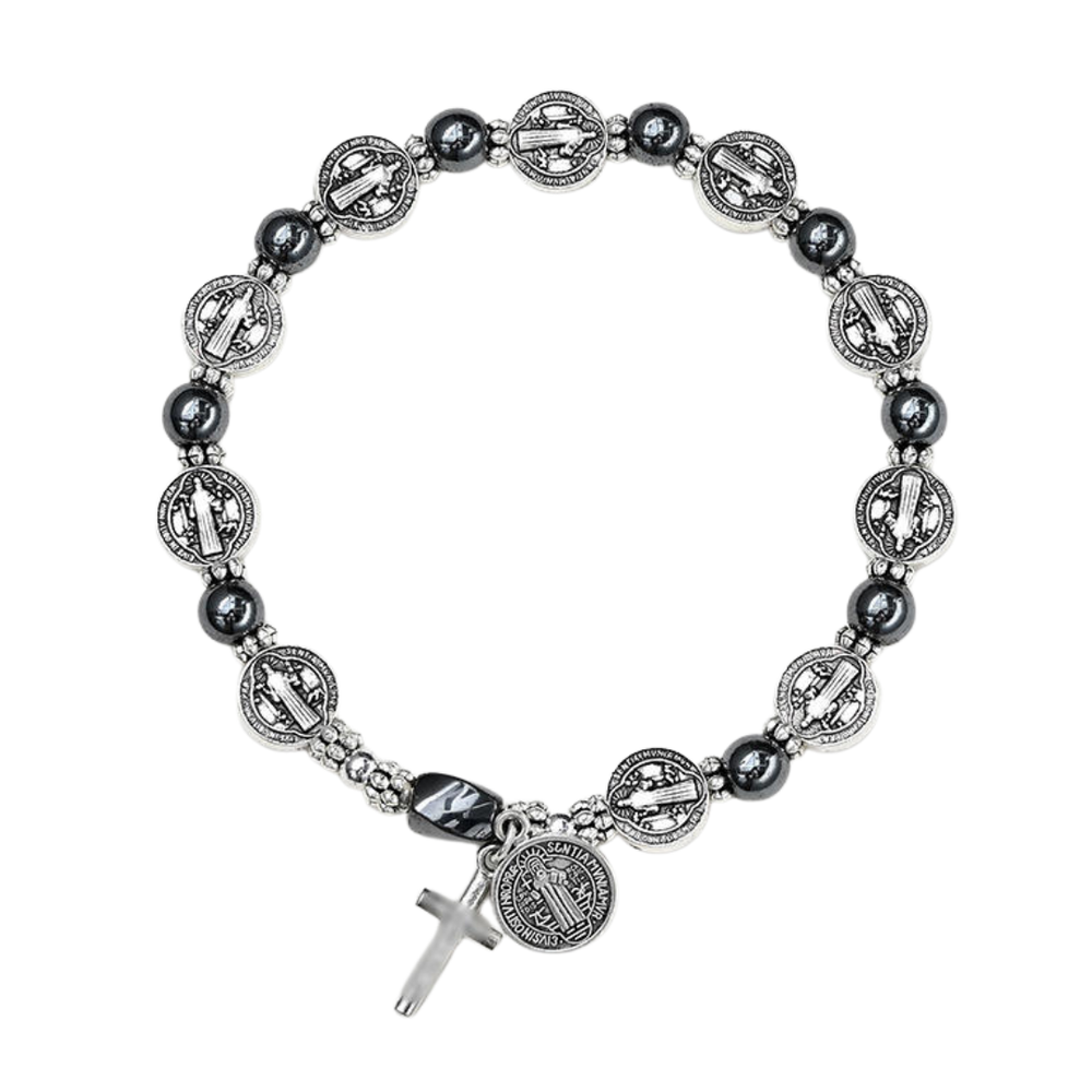 Saint Benedict Hematite Beaded Bracelet – Black (Elastic)