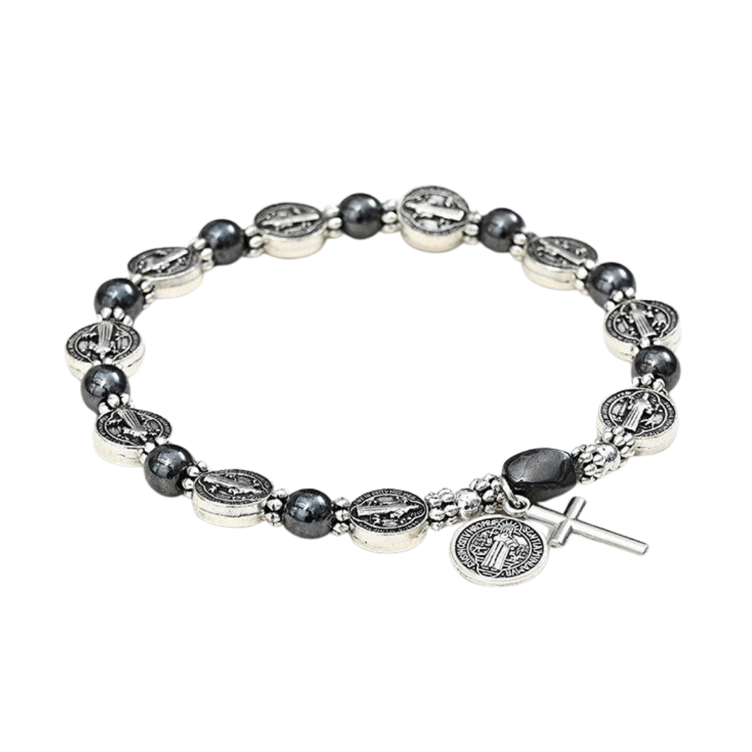 Saint Benedict Hematite Beaded Bracelet – Black (Elastic)