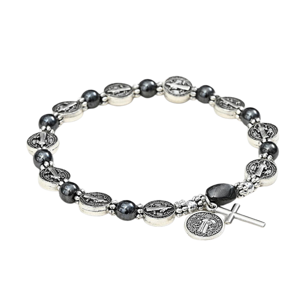 Saint Benedict Hematite Beaded Bracelet – Black (Elastic)