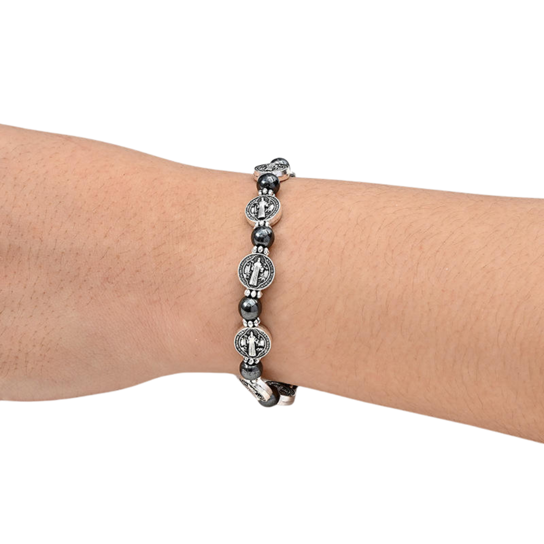 Saint Benedict Hematite Beaded Bracelet – Black (Elastic)