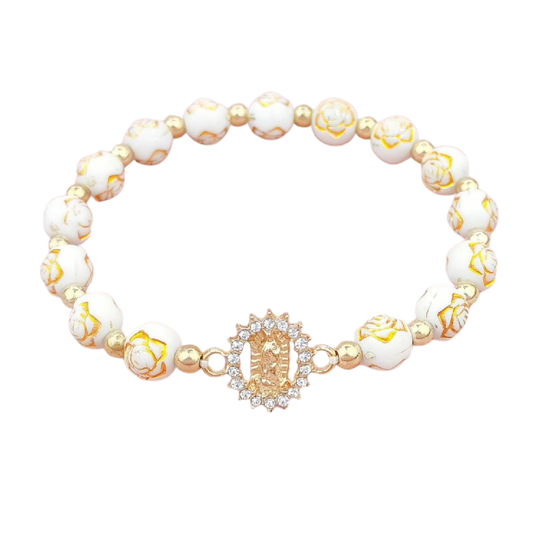 Our Lady of Guadalupe Stretch Rosary Bracelet – White and Gold