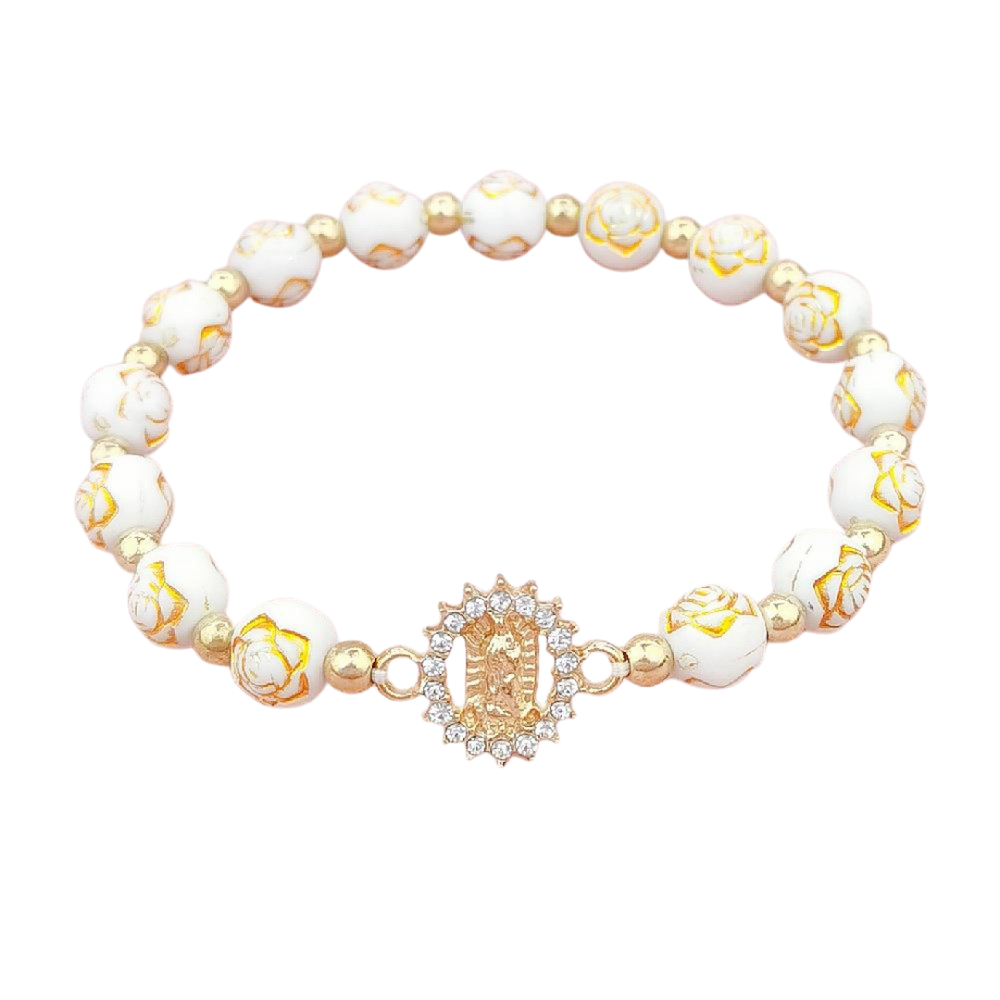 Our Lady of Guadalupe Stretch Rosary Bracelet – White and Gold