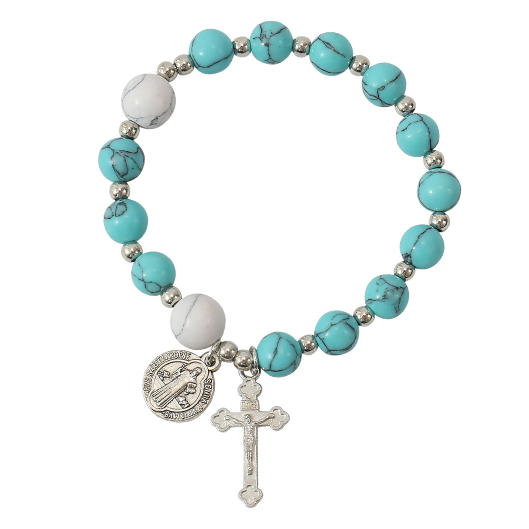 Saint Benedict Turquoise Bead Rosary Bracelet – 18 cm