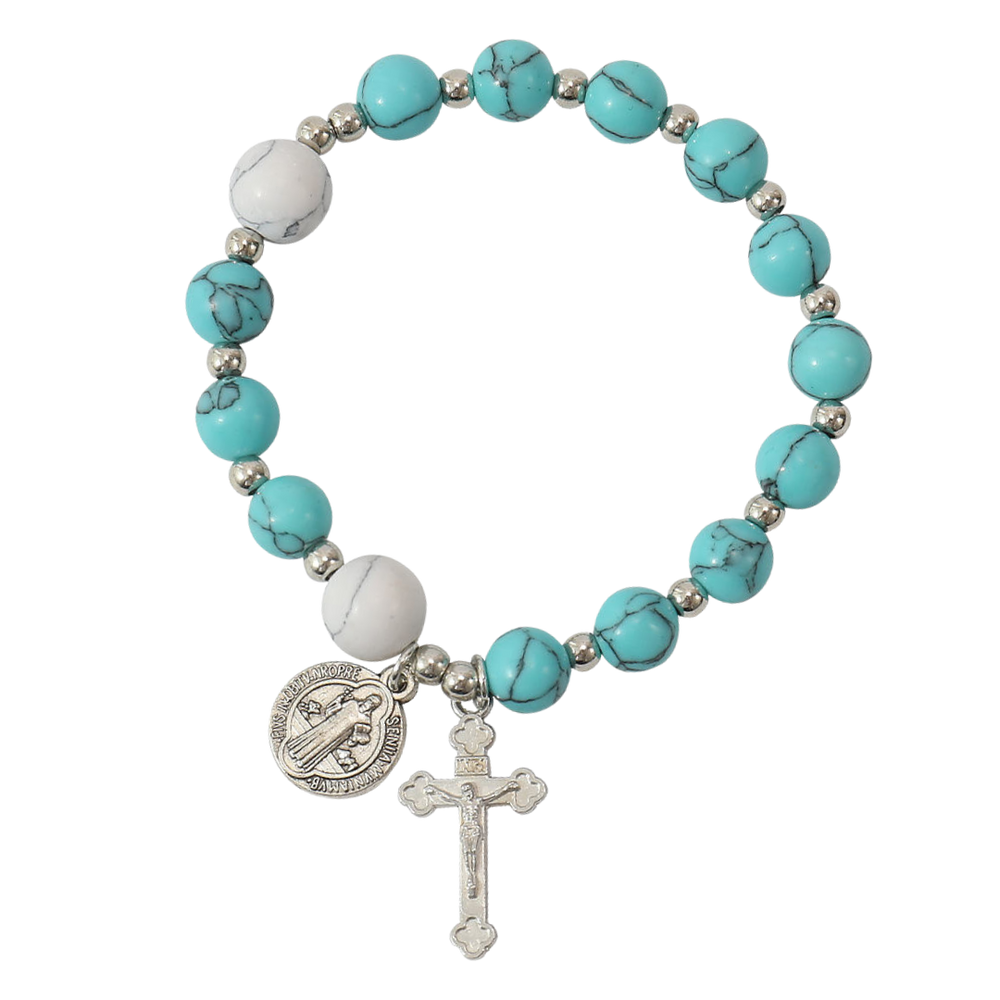 Saint Benedict Turquoise Bead Rosary Bracelet – 18 cm