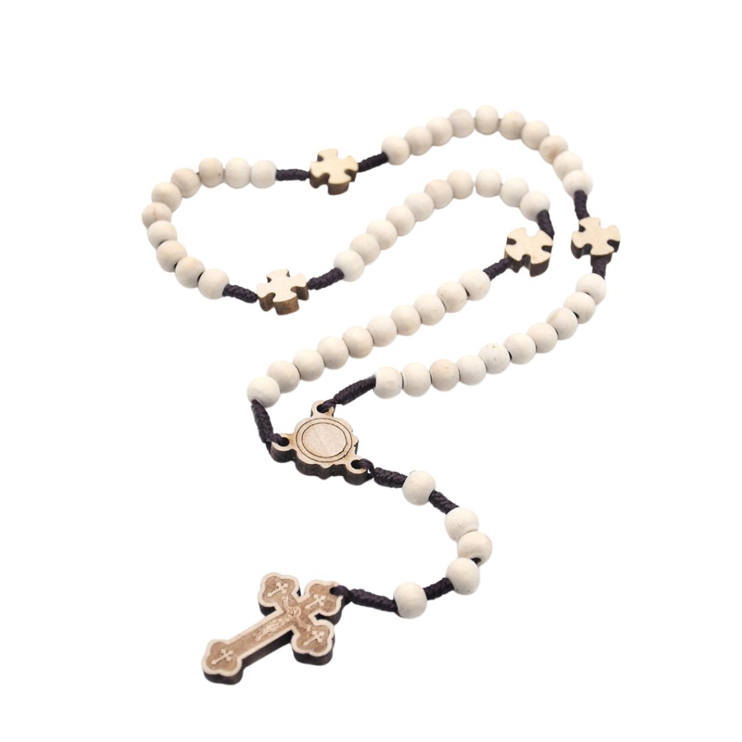 Natural Wooden Beaded Rosary with Crucifix Pendant