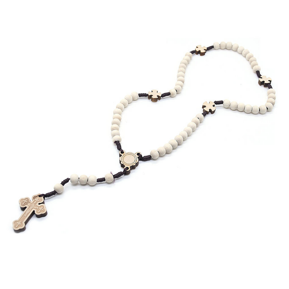 Natural Wooden Beaded Rosary with Crucifix Pendant