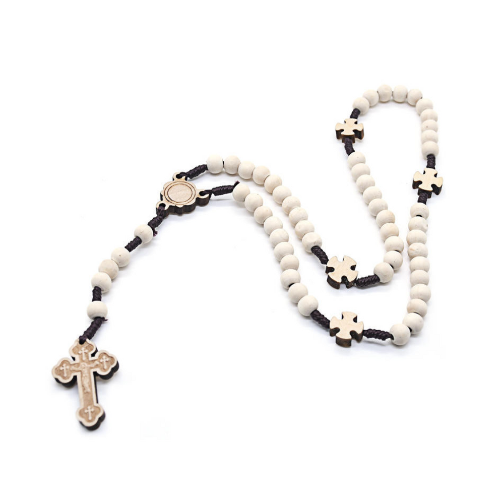 Natural Wooden Beaded Rosary with Crucifix Pendant
