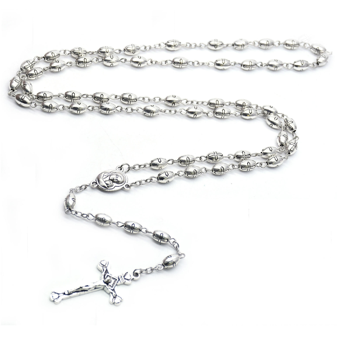 Catholic Silver Alloy Rice-Shaped Bead Rosary