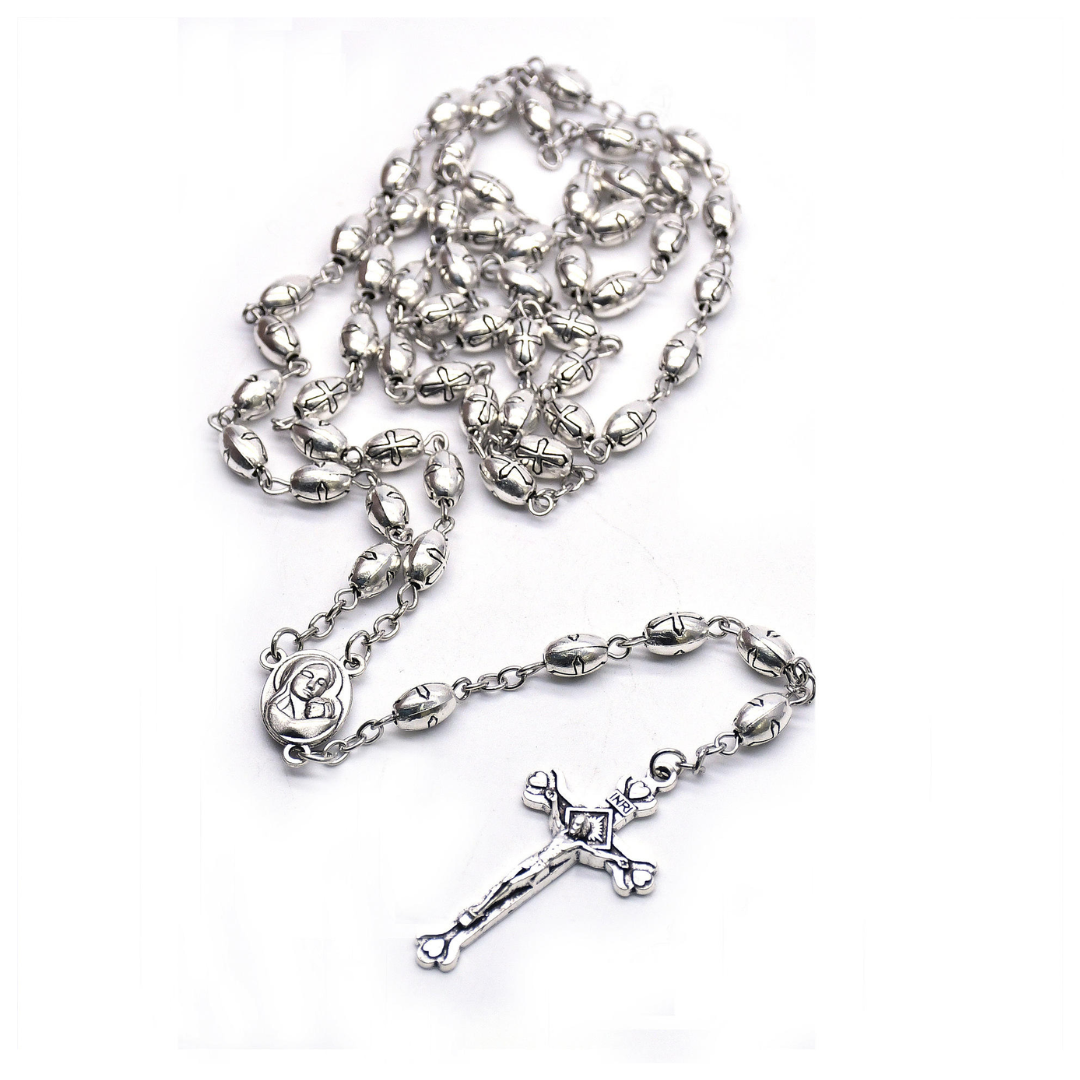 Catholic Silver Alloy Rice-Shaped Bead Rosary
