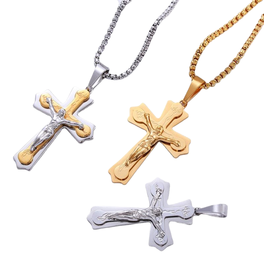 Jesus Crucifix Pendant Necklace – 18K Gold Plated, Silver Plated & Dual-Tone Designs (60cm chain)