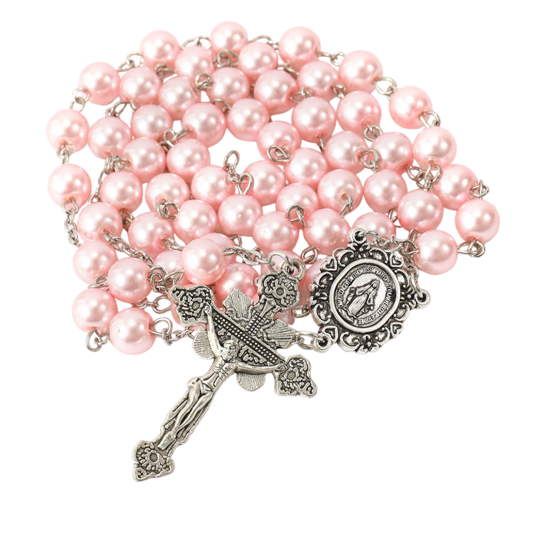 Pink Glass Pearl Bead Rosary