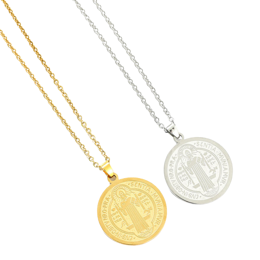 Men’s Saint Benedict Medal Necklace – Gold and Silver plating (50cm chain)