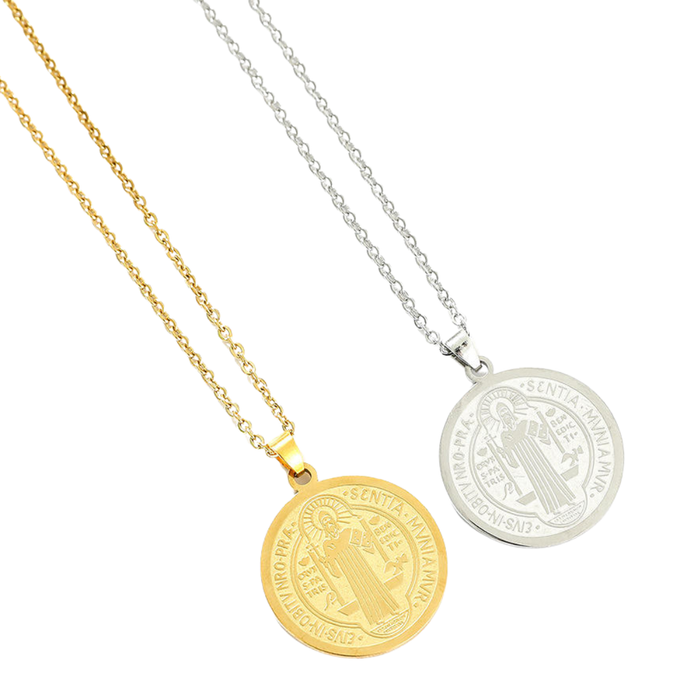 Men’s Saint Benedict Medal Necklace – Gold and Silver plating (50cm chain)