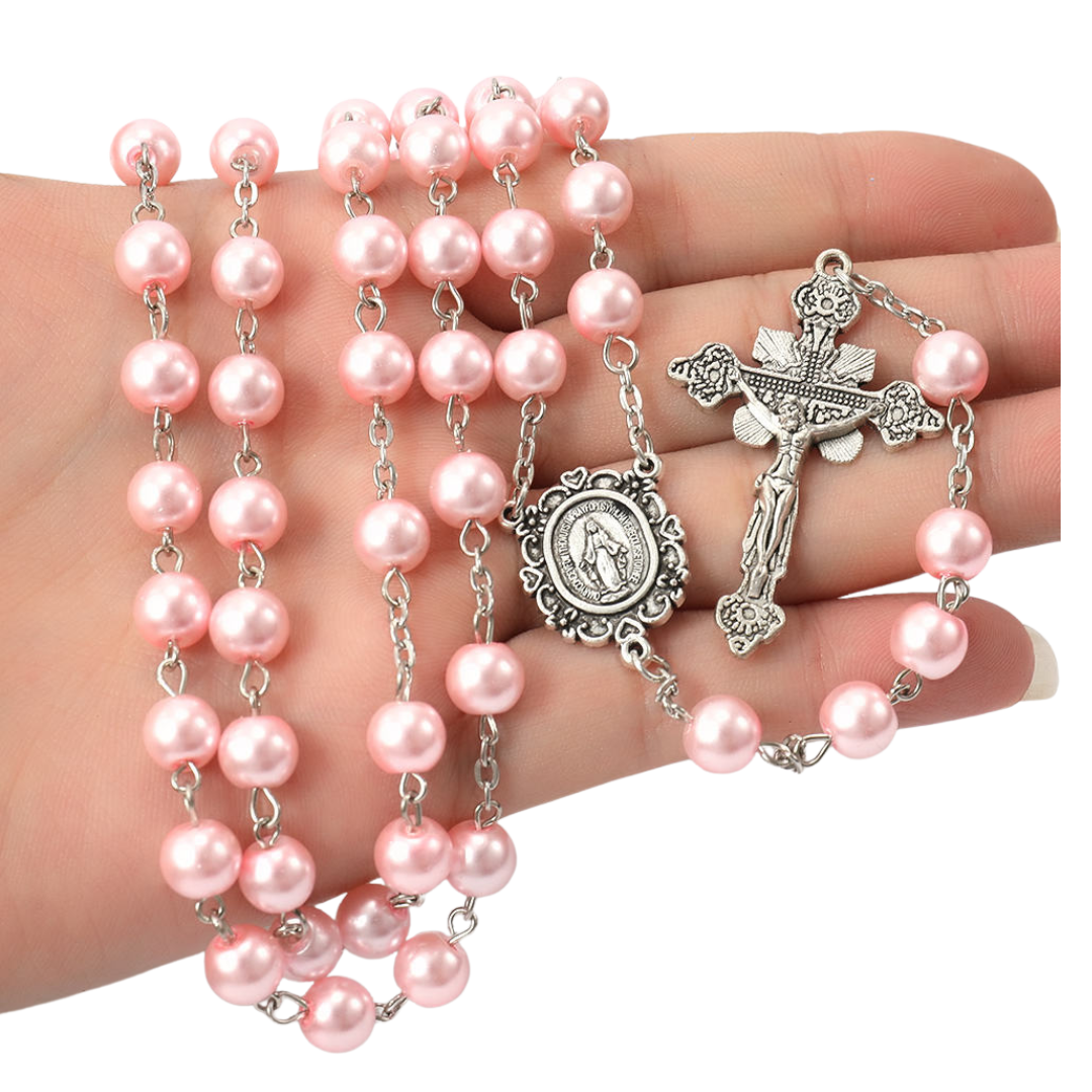 Pink Glass Pearl Bead Rosary