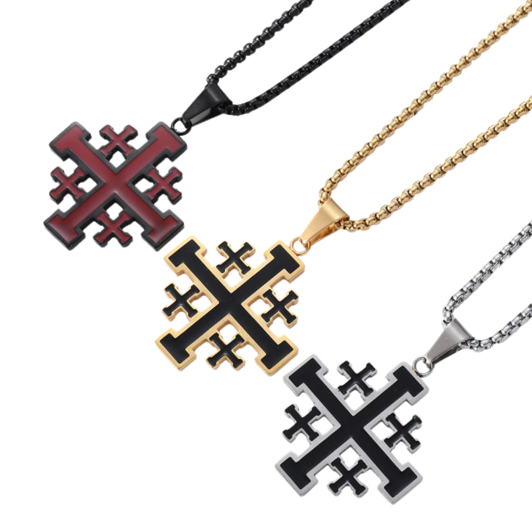 Jerusalem Crucifix Necklace – Red enamel, gold-plated and silver-plated (55cm chain)