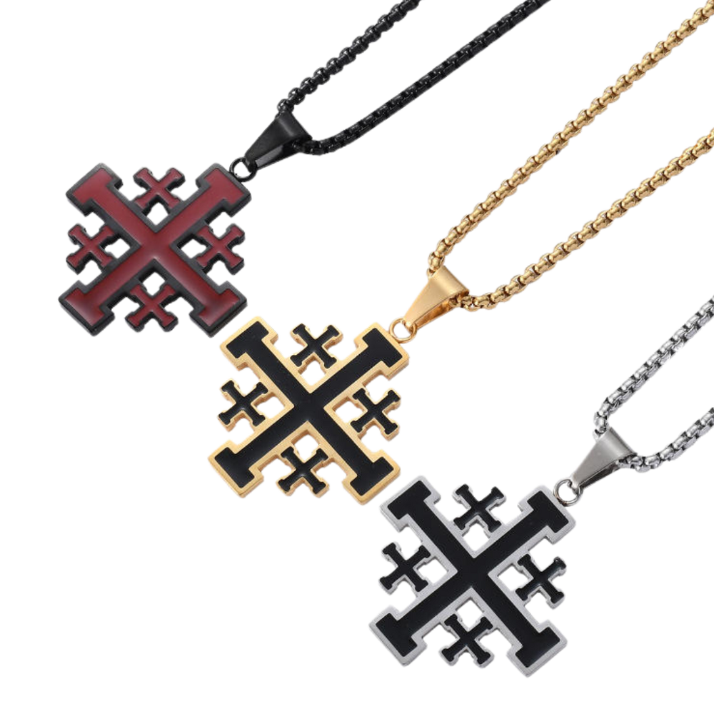Jerusalem Crucifix Necklace – Red enamel, gold-plated and silver-plated (55cm chain)