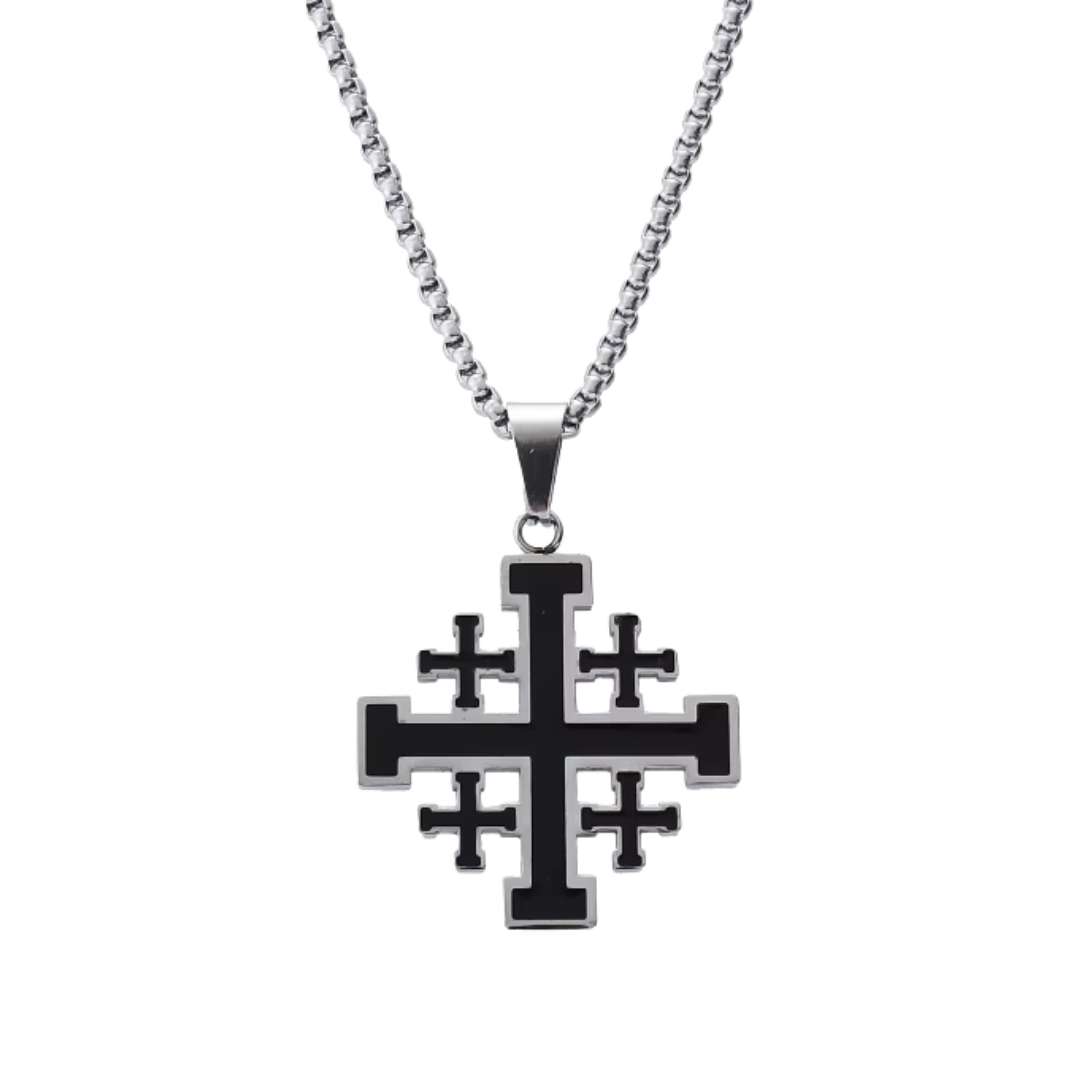 Jerusalem Crucifix Necklace – Red enamel, gold-plated and silver-plated (55cm chain)