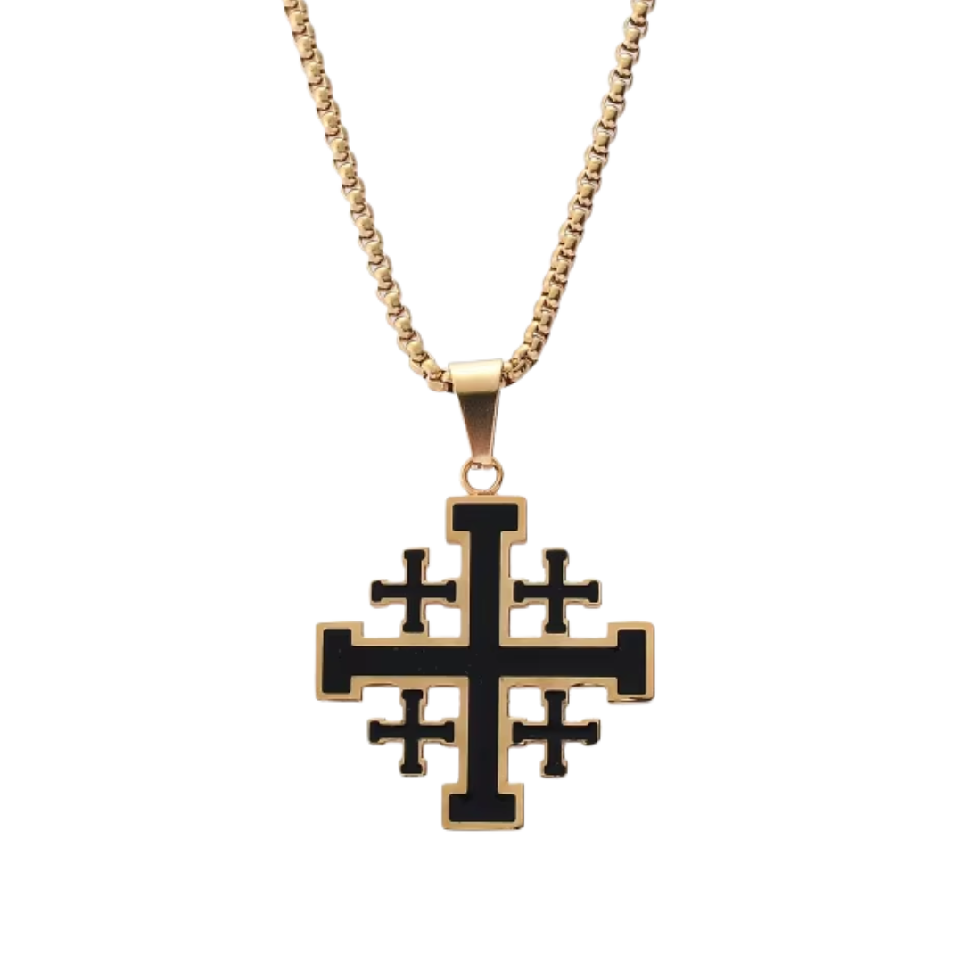 Jerusalem Crucifix Necklace – Red enamel, gold-plated and silver-plated (55cm chain)