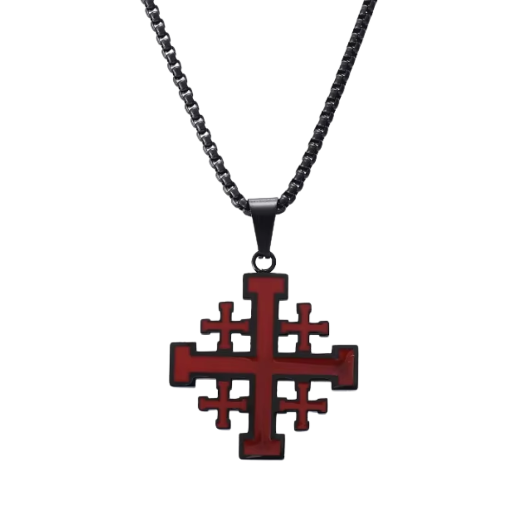 Jerusalem Crucifix Necklace – Red enamel, gold-plated and silver-plated (55cm chain)