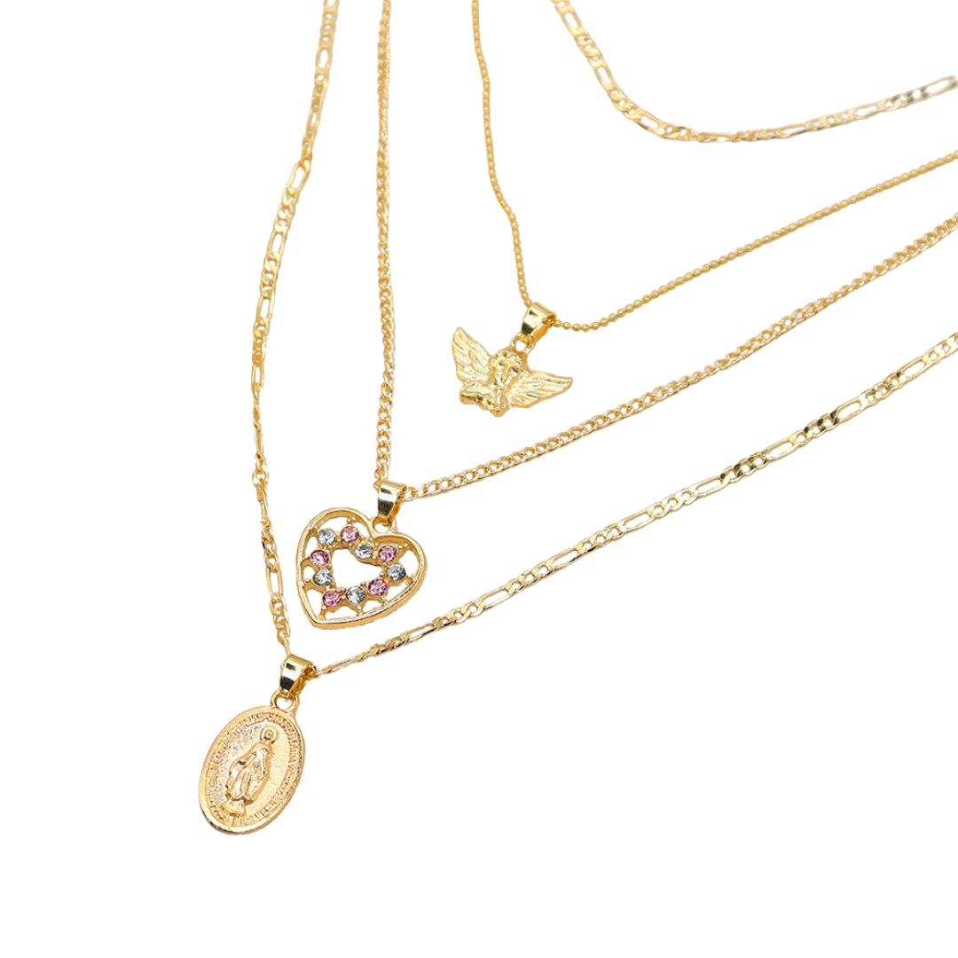 Gold-Plated Virgin Mary Angel Layered Necklace – Heart & Crucifix (4-Layer Design)