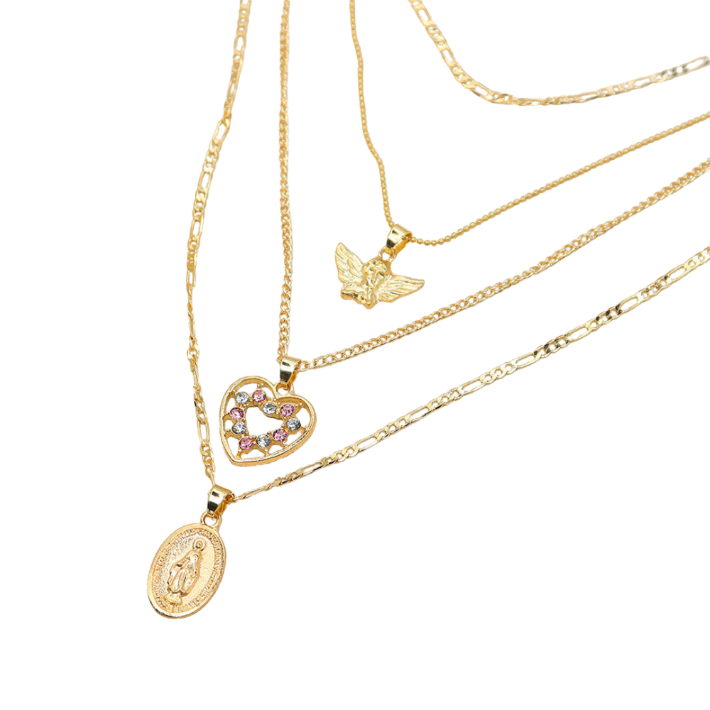 Gold-Plated Virgin Mary Angel Layered Necklace – Heart & Crucifix (4-Layer Design)