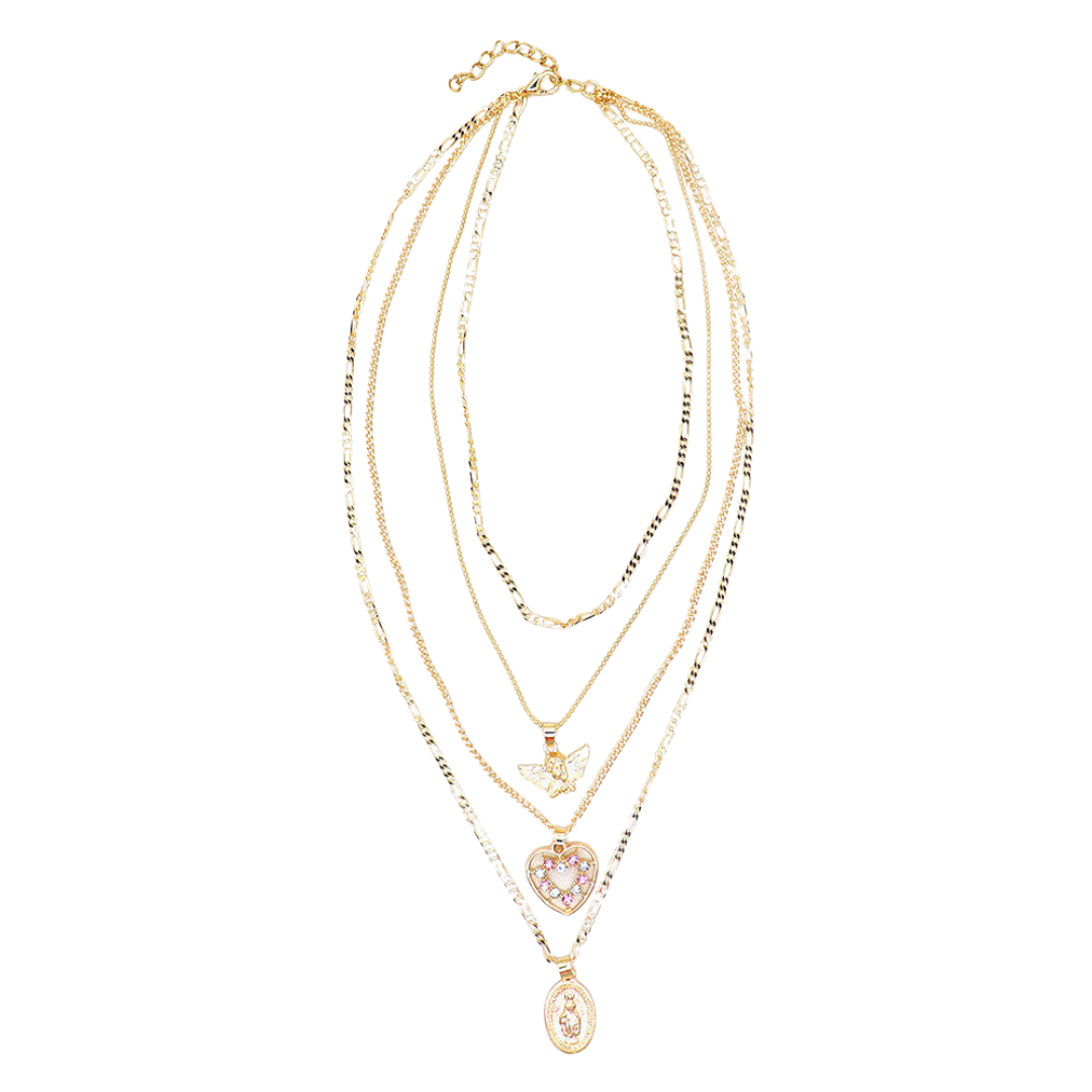 Gold-Plated Virgin Mary Angel Layered Necklace – Heart & Crucifix (4-Layer Design)