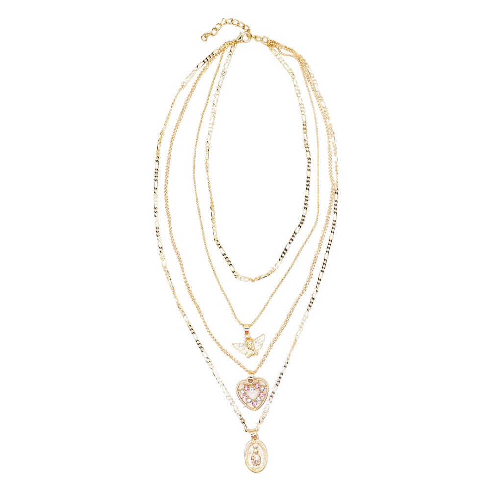 Gold-Plated Virgin Mary Angel Layered Necklace – Heart & Crucifix (4-Layer Design)