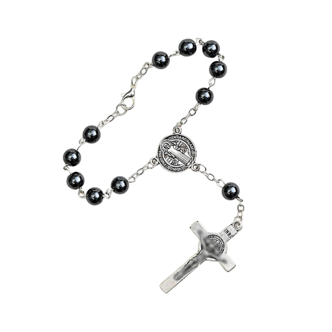Hematite Decade Rosary with St. Benedict Medal