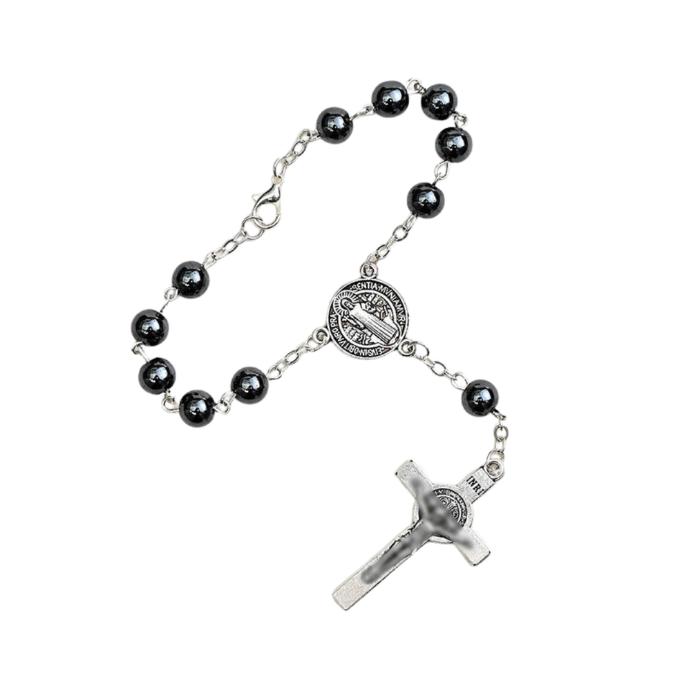 Hematite Decade Rosary with St. Benedict Medal