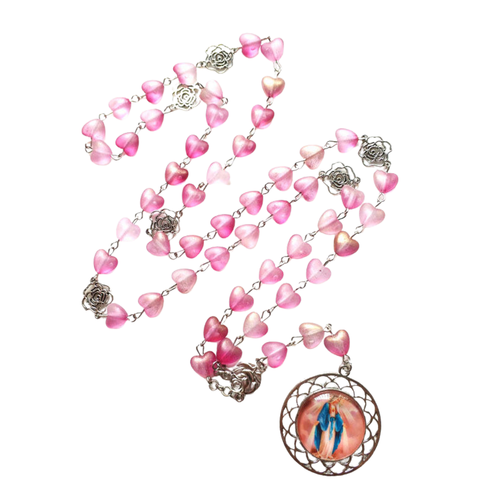 Pink Heart Bead Rosary with Virgin Mary Medal