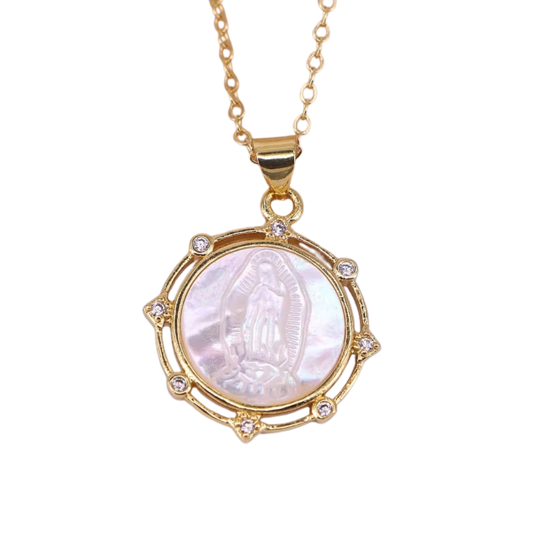 Our Lady of Guadalupe, Mother-of-Pearl Medal Necklace – Zircon Detail & Gold Plating