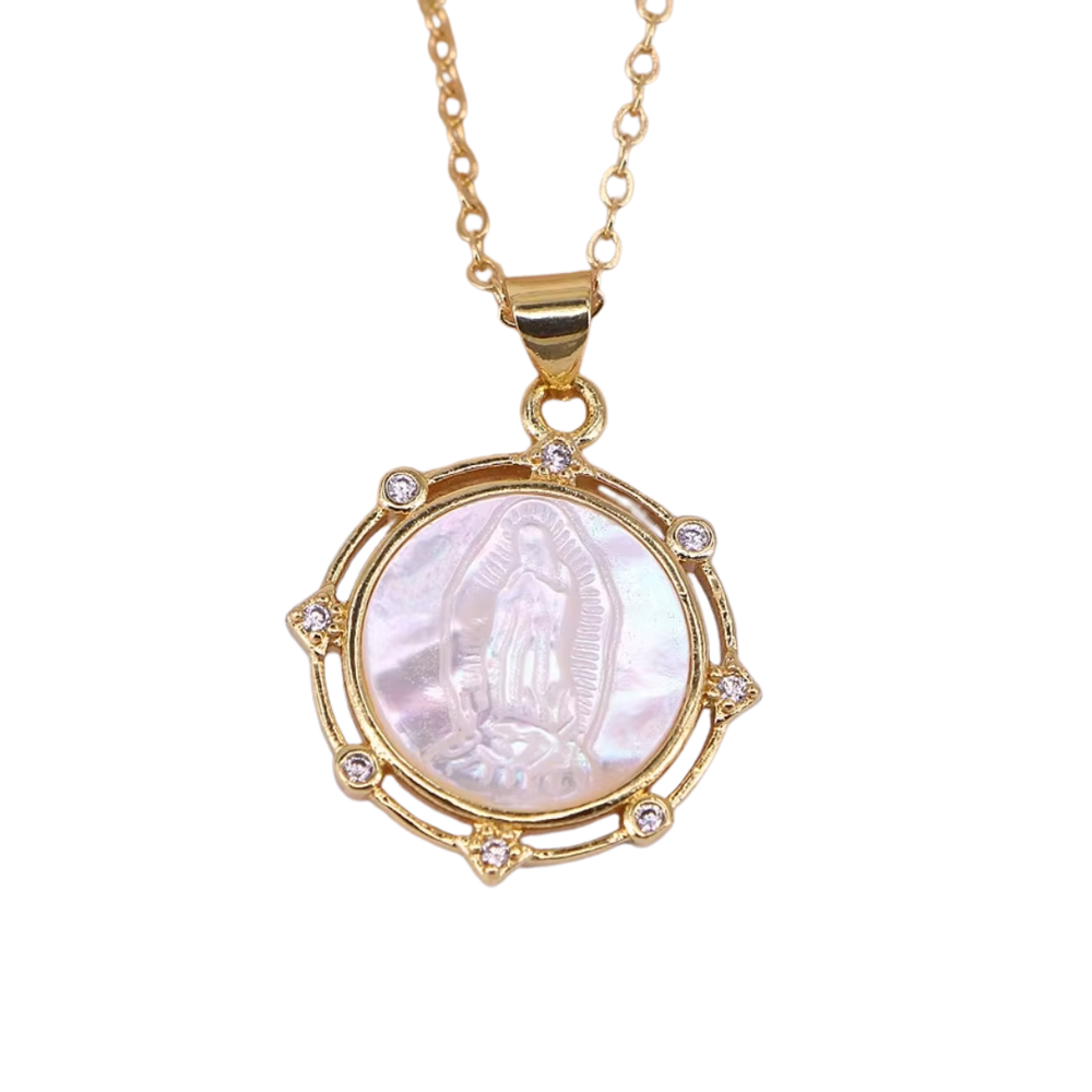 Our Lady of Guadalupe, Mother-of-Pearl Medal Necklace – Zircon Detail & Gold Plating