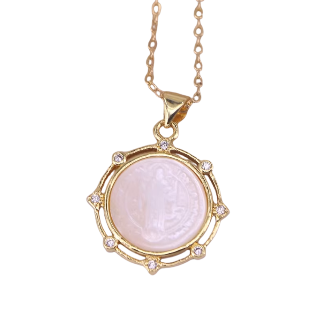 Saint Benedict, Mother-of-Pearl Medal Necklace – Zircon Detail & Gold Plating