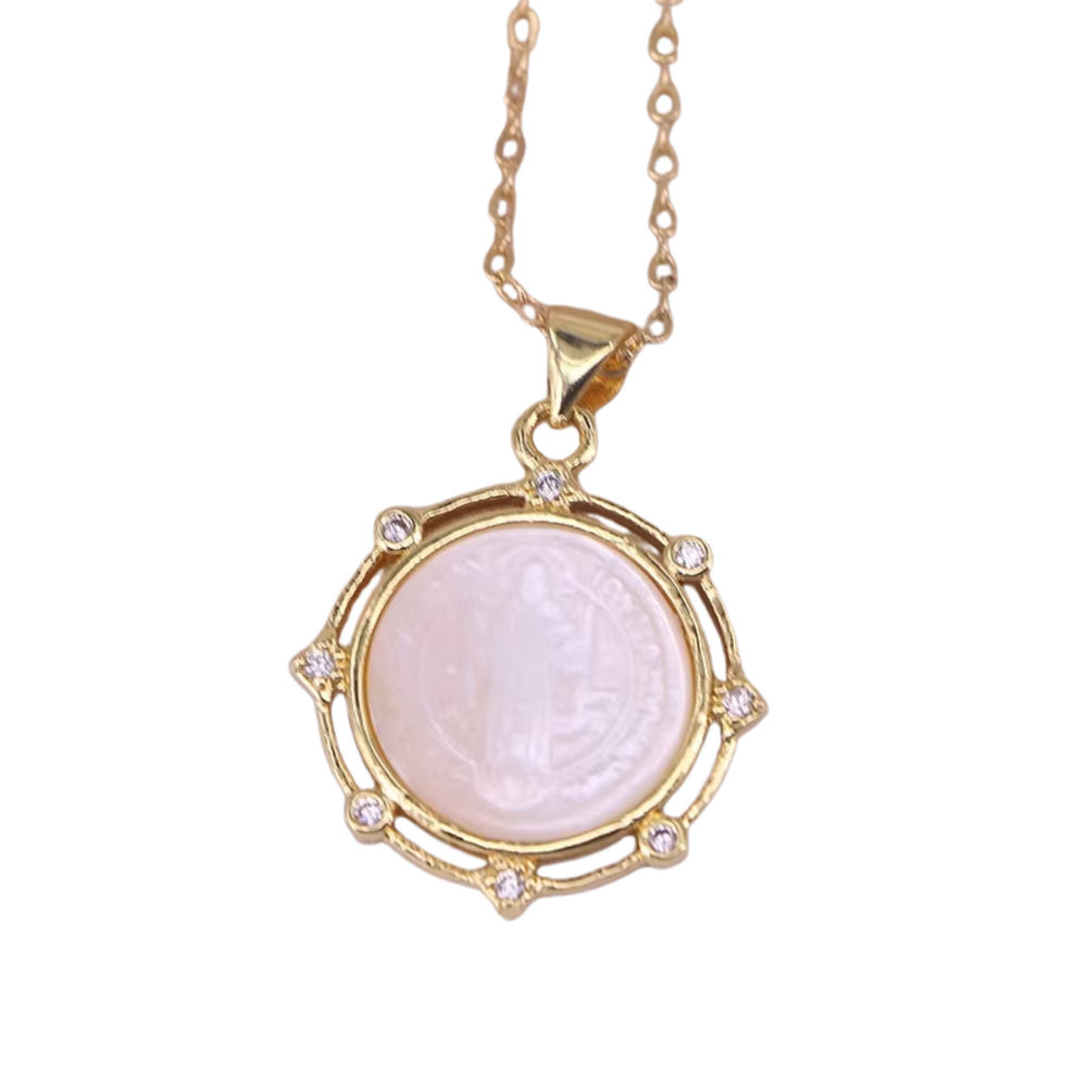 Saint Benedict, Mother-of-Pearl Medal Necklace – Zircon Detail & Gold Plating
