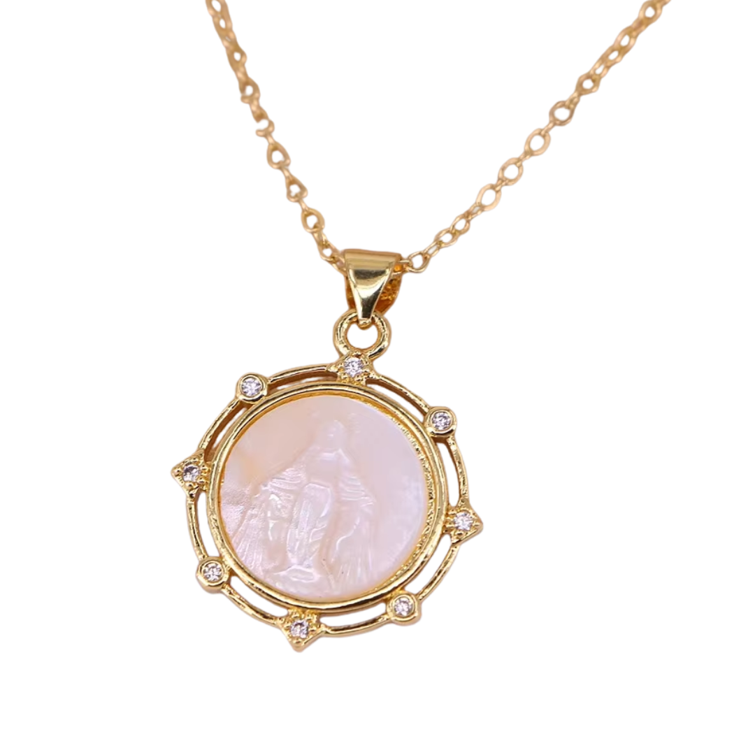 Our Lady of Grace, Mother-of-Pearl Medal Necklace – Zircon Detail & Gold Plating
