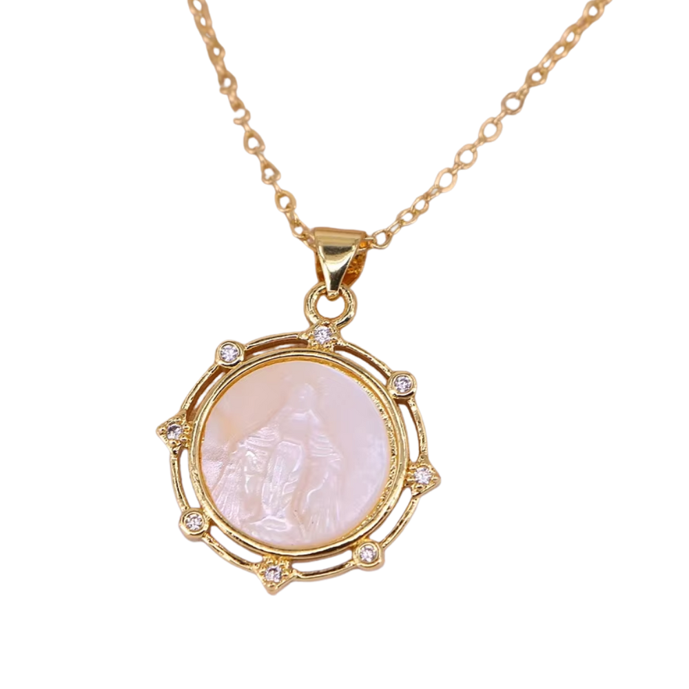 Our Lady of Grace, Mother-of-Pearl Medal Necklace – Zircon Detail & Gold Plating