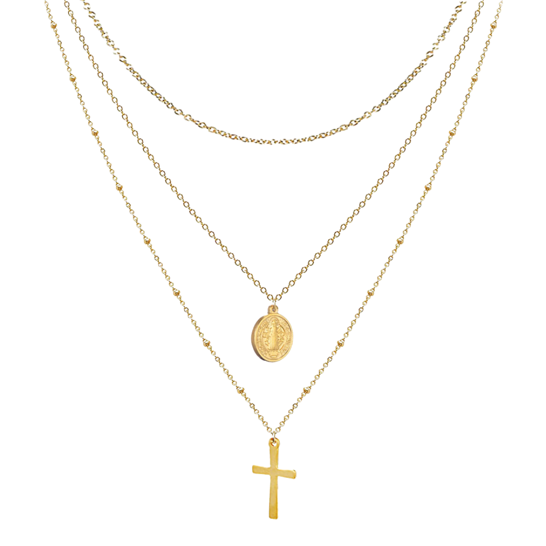 Virgin Mary & Crucifix Necklace - Stainless Steel with 18K Gold-Plating (3 Layered Necklace)