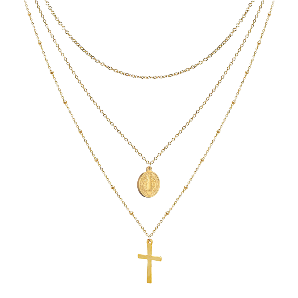 Virgin Mary & Crucifix Necklace - Stainless Steel with 18K Gold-Plating (3 Layered Necklace)