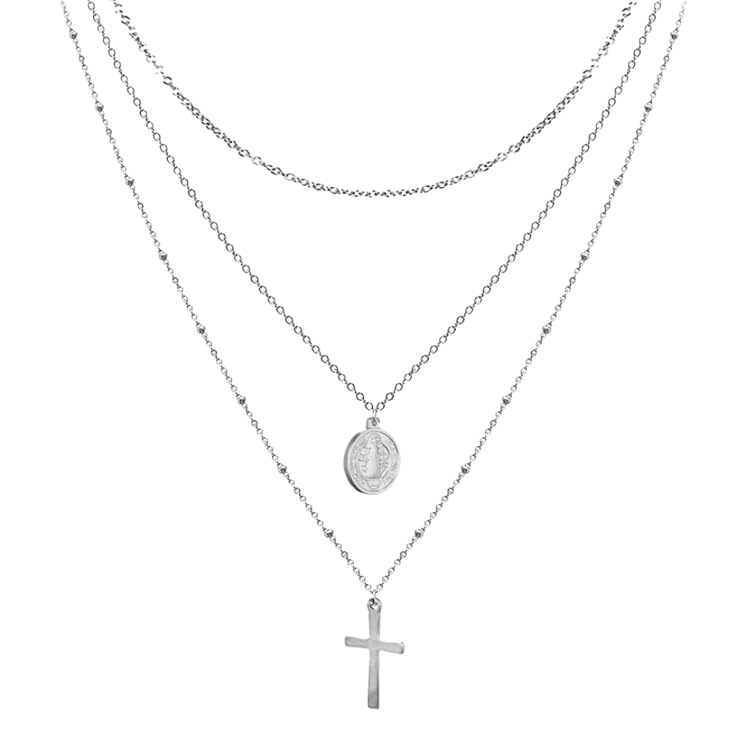 Virgin Mary & Crucifix Necklace - Stainless Steel with Silver-Plating (3 Layered Necklace)