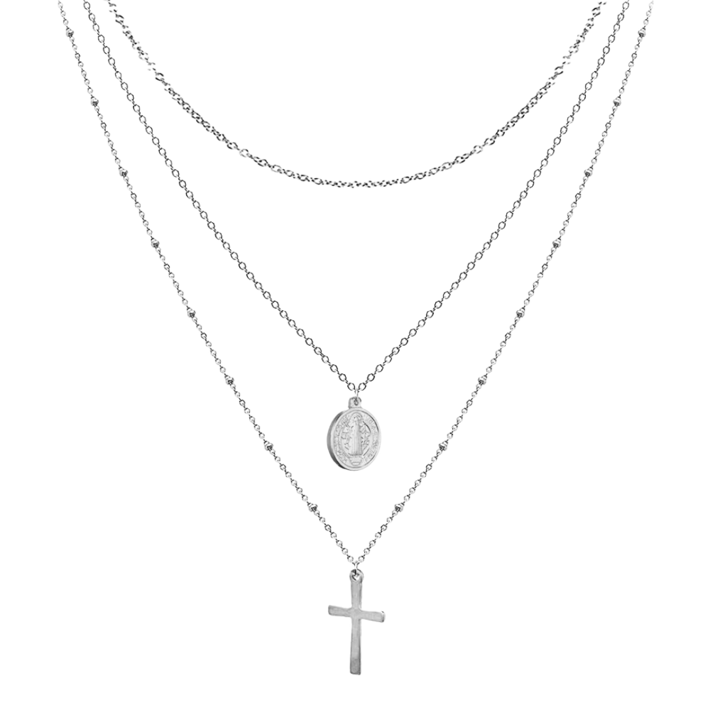 Virgin Mary & Crucifix Necklace - Stainless Steel with Silver-Plating (3 Layered Necklace)
