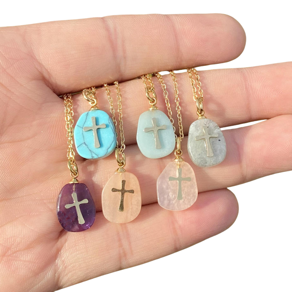 Crystal Crucifix Pendant Necklace - Stainless Steel with Gold Plating (6 Colours Available)