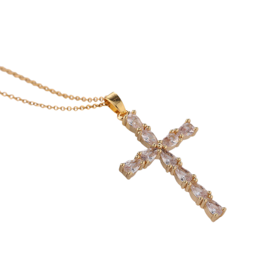 24K Gold-Plated Clear Gemstone Crucifix Necklace (41cm chain)