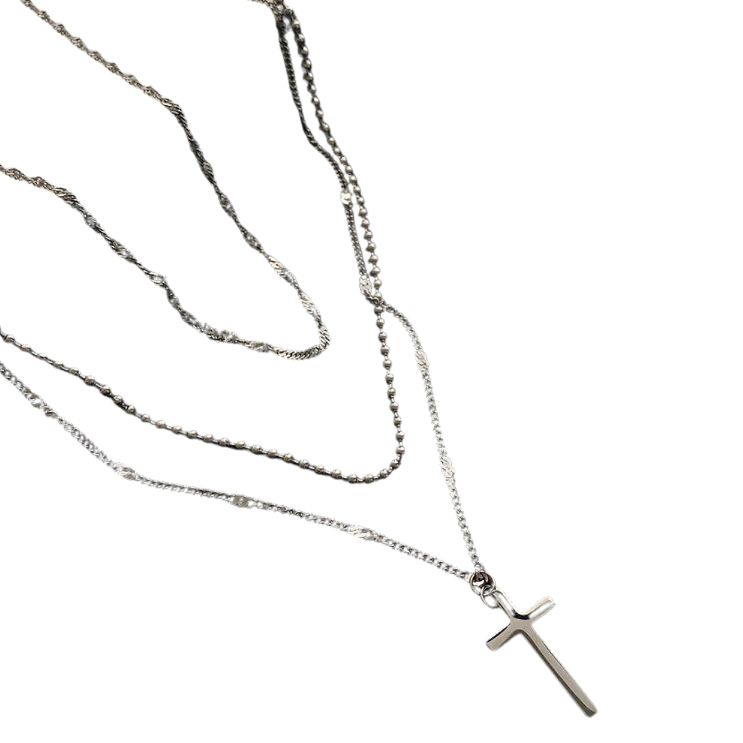 Layered Crucifix Necklace – Stainless Steel with Silver Plating (3 layers)