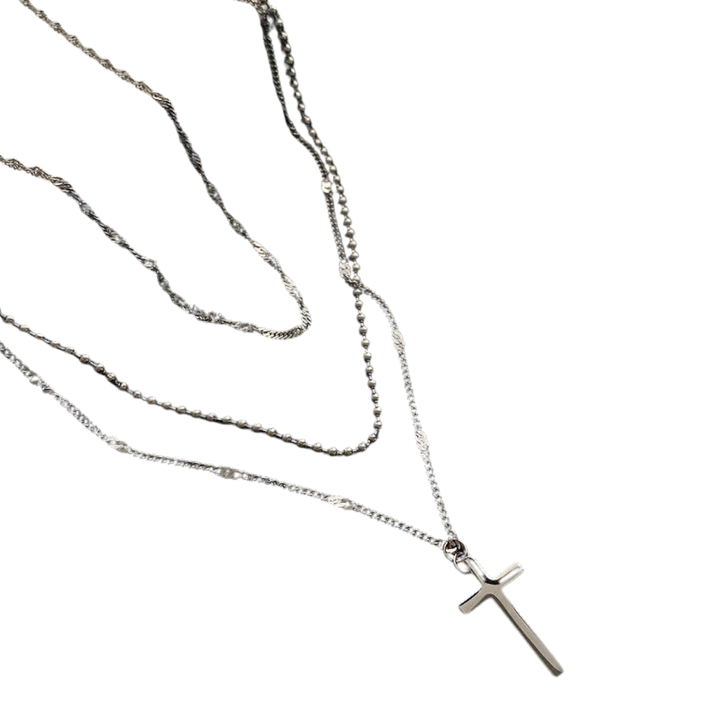 Layered Crucifix Necklace – Stainless Steel with Silver Plating (3 layers)