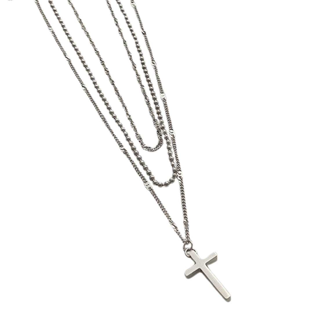 Layered Crucifix Necklace – Stainless Steel with Silver Plating (3 layers)