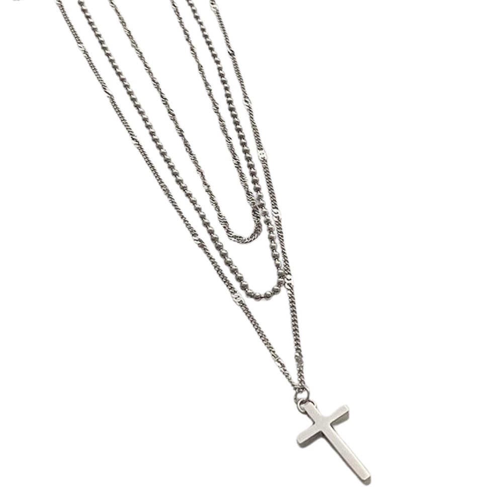 Layered Crucifix Necklace – Stainless Steel with Silver Plating (3 layers)
